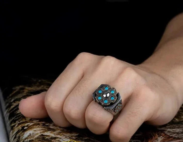 Gental Gems by Karat Kings | Unique Designed Turkish Style Ring with 6 Stone Turquoise Ring | Sterling Silver Oxidized Ring | Men's Jewelry | With Certificate of Authenticity and Hallmark