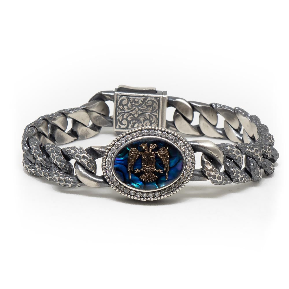 Gental Gems by Karat Kings | Unique Style Double Headed Eagle Bracelet with Blue Enamel for Men | Sterling Silver Oxidized Bracelet | Men's Jewelry | With Certificate of Authenticity and Hallmark