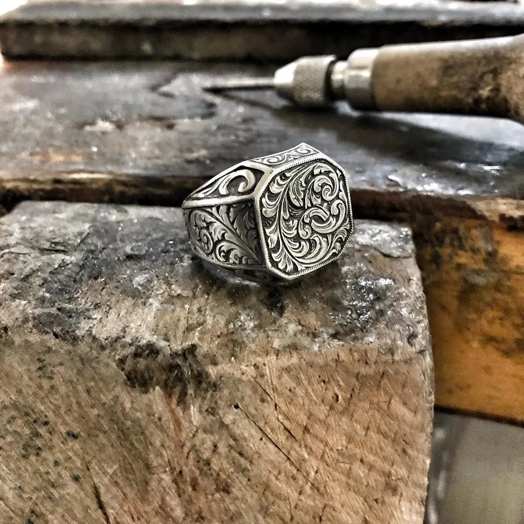 Gental Gems by Karat Kings | Exclusive Hand Engraved Ring for Men, Oxidized Sterling Silver Ring | Jewellery for Men| With Certificate of Authenticity and Hallmark