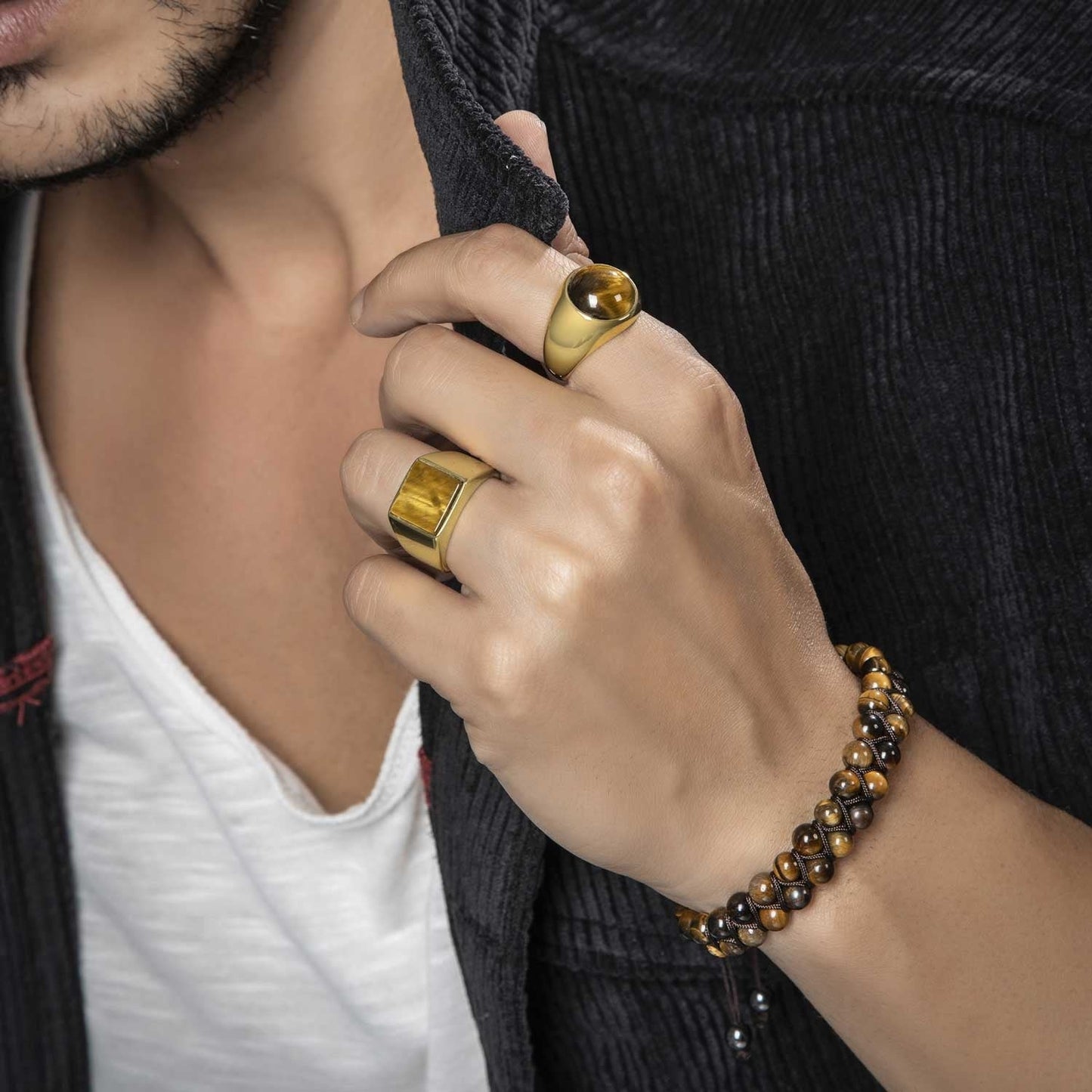 Gental Gems by Karat Kings | Exclusive Classic Gold Signet Statement Ring with Natural Pearl/ Tiger Eye, Sterling Silver Ring | Jewellery for Men| With Certificate of Authenticity and Hallmark