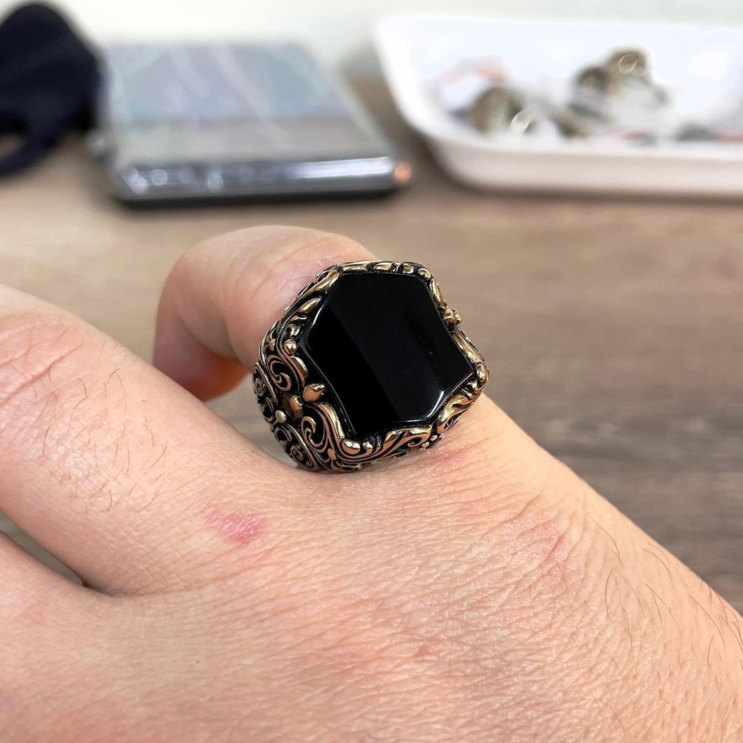 Gental Gems by Karat Kings | Unique Turkish Style Ring with Natural Black Onyx | Sterling Silver Oxidized Ring | Men's Jewelry | With Certificate of Authenticity and Hallmark
