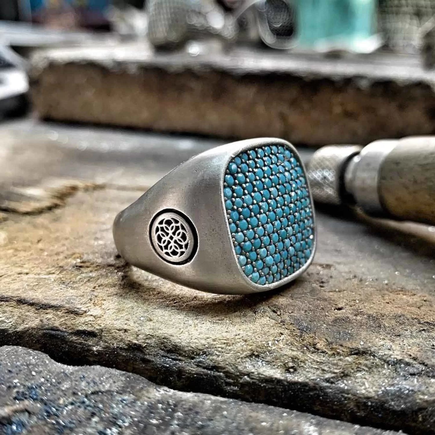Gental Gems by Karat Kings | Unique Designed Turkish Style Ring with Multiple Natural Turquoise Stone Ring | Sterling Silver Oxidized Ring | Men's Jewelry | With Certificate of Authenticity and Hallmark