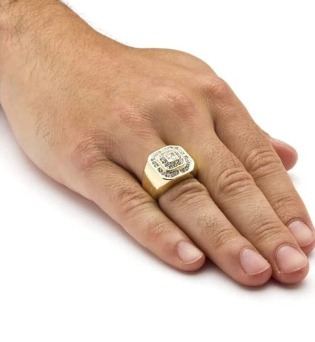 Gental Gems by Karat Kings | Exclusive Classic Gold Signet Statement Ring Studded with CZ white zircons | Gold Plated Sterling Silver Ring | Jewellery for Men| With Certificate of Authenticity and Hallmark