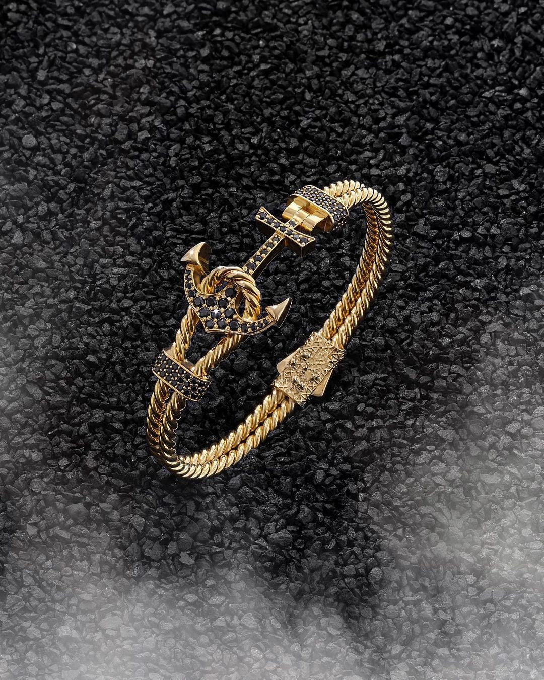 Gental Gems by Karat Kings | Twined Solid Anchor Bangle Bracelet for Men, Sterling Silver/ Micron Gold Plated Silver Bracelet