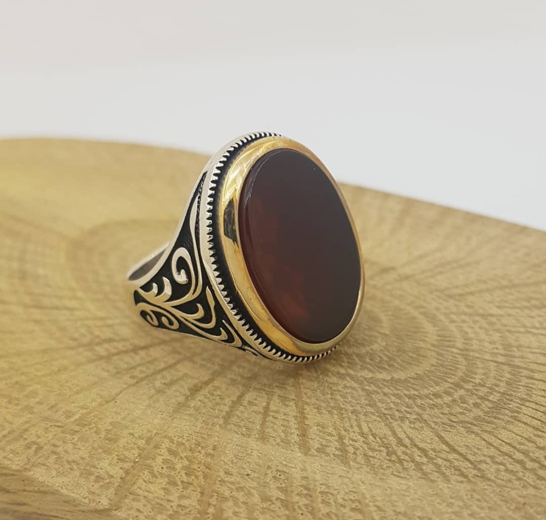 Gental Gems by Karat Kings | Unique Turkish Style Ring with Natural Red Agate | Sterling Silver Oxidized Ring | Men's Jewelry | With Certificate of Authenticity and Hallmark