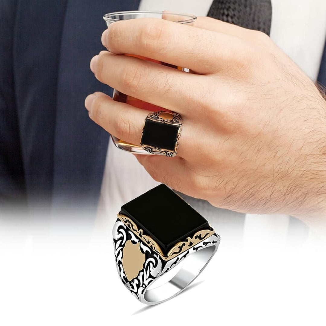 Gental Gems by Karat Kings | Unique Turkish Style Ring with Natural Black Onyx for Men, Oxidized Sterling Silver Ring | Jewellery for Men