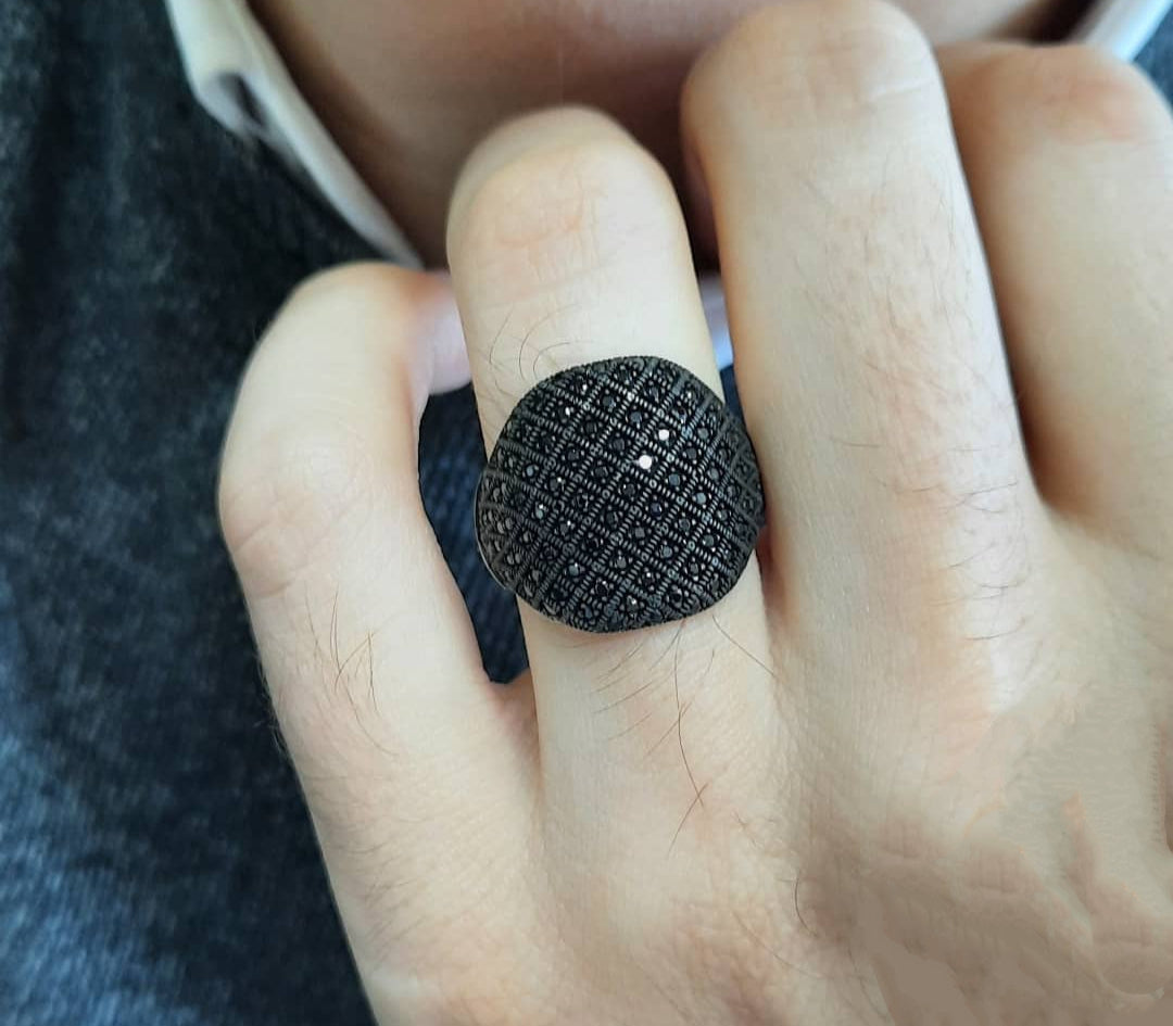 Gental Gems by Karat Kings | Unique Turkish Style Oxidised Silver Ring with Black Zircon| Sterling Silver Oxidized Ring | Men's Jewelry | With Certificate of Authenticity and Hallmark
