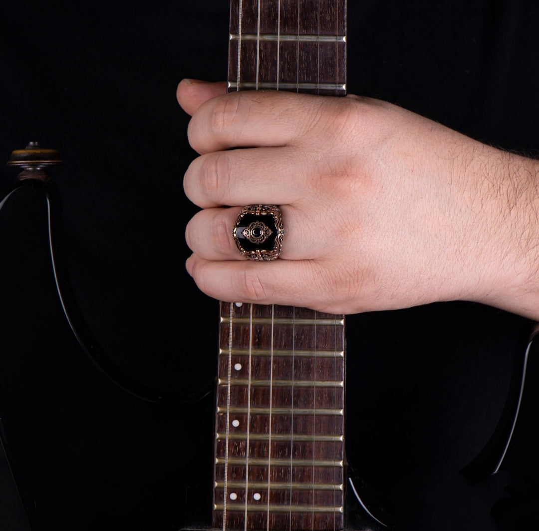 Gental Gems by Karat Kings | Unique Turkish Style Ring with Natural Black Onyx | Sterling Silver Oxidized Ring