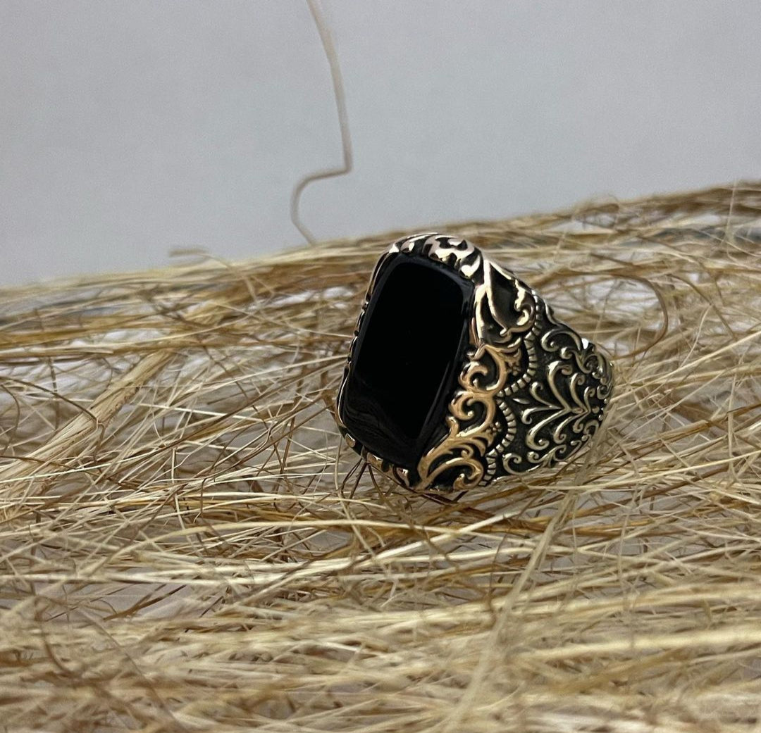 Gental Gems by Karat Kings | Unique Turkish Style Ring with Natural Black Onyx | Sterling Silver Oxidized Ring