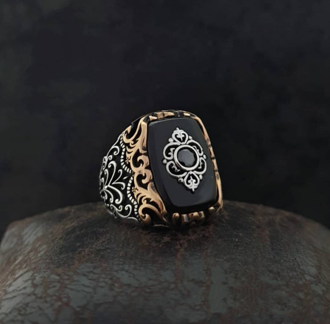 Gental Gems by Karat Kings | Unique Turkish Style Ring with Natural Black Onyx | Sterling Silver Oxidized Ring | Men's Jewelry | With Certificate of Authenticity and Hallmark