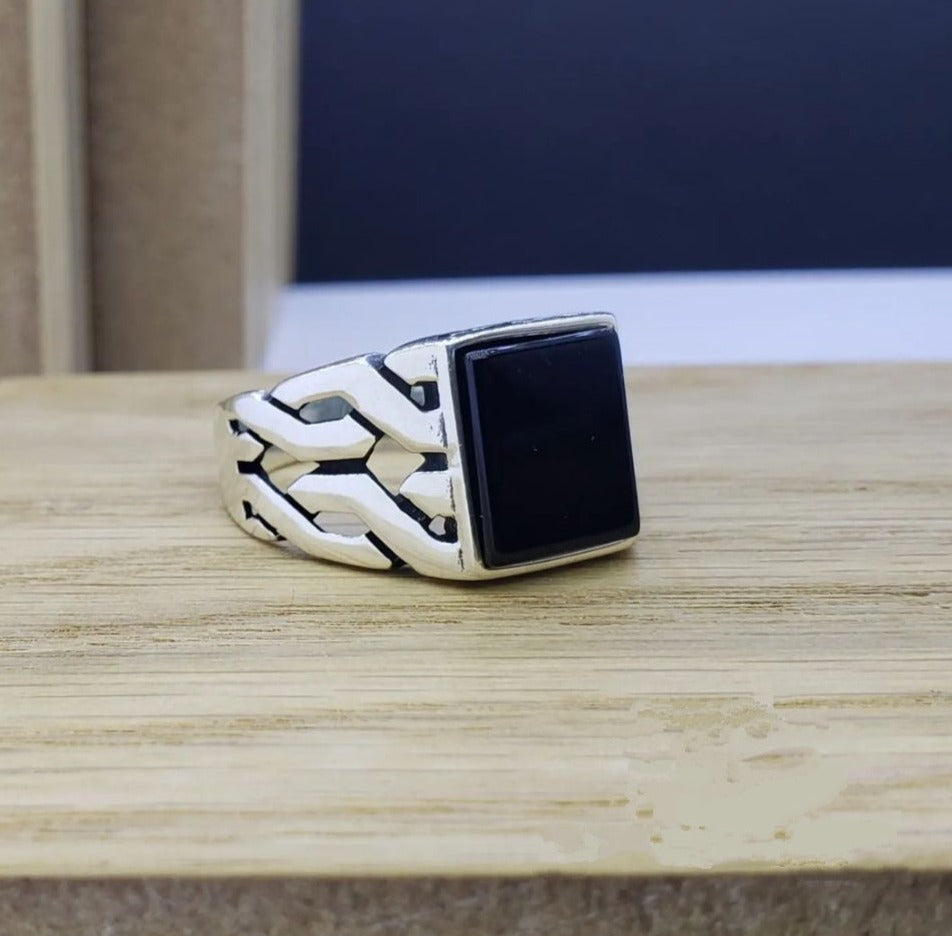 Gental Gems by Karat Kings | Unique Turkish Style Ring with Natural Black Onyx | Sterling Silver Oxidized Ring