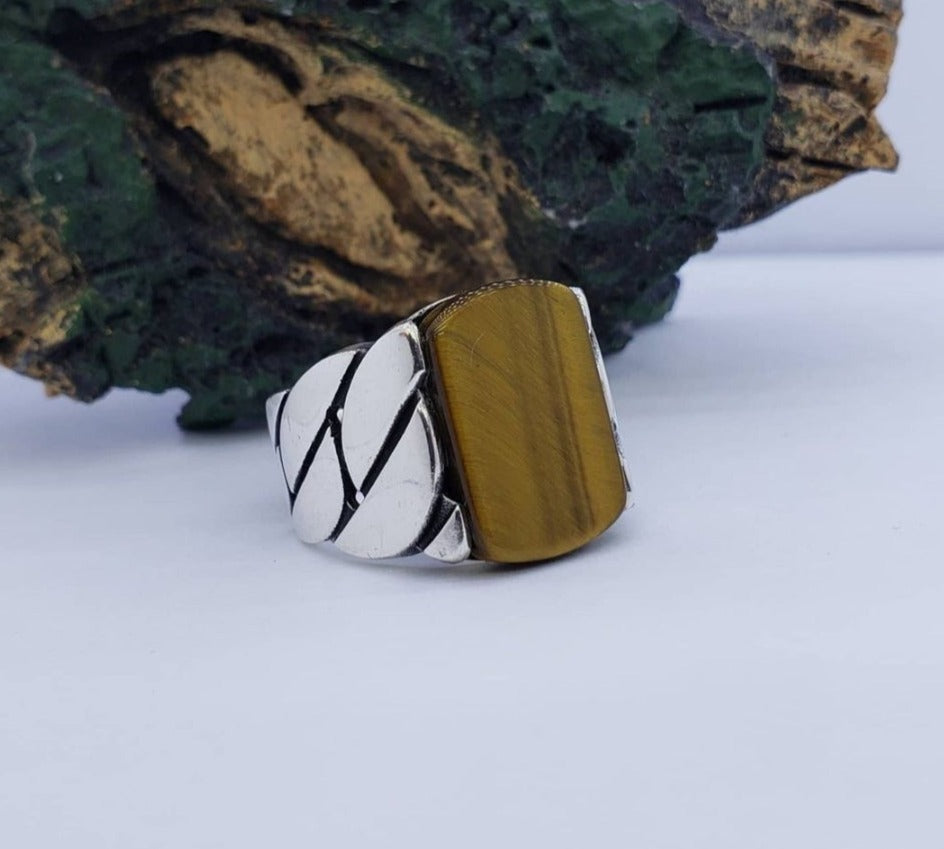 Gental Gems by Karat Kings | Unique Turkish Braided Style Ring with Natural Tiger Eye | Sterling Silver Oxidized Ring | Men's Jewelry | With Certificate of Authenticity and Hallmark