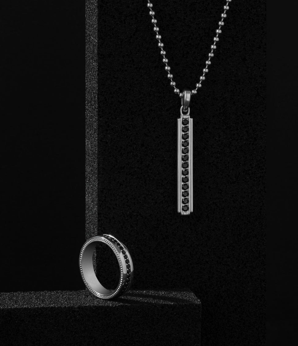 Gental Gems by Karat Kings | Unique Designed Line Pendant Studded with Black Zircons | Sterling Silver Pendant