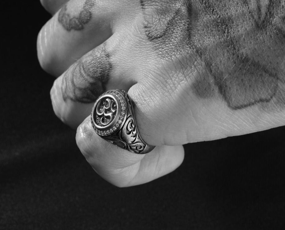 Gental Gems by Karat Kings | Exclusive Turkish Style Om Symbol Signet Ring for Men, Oxidized Sterling Silver Ring | Jewellery for Men| With Certificate of Authenticity and Hallmark