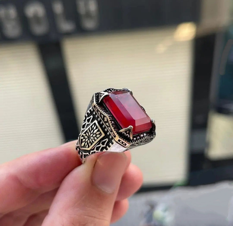 Gental Gems by Karat Kings | Unique Handmade Turkish Style Ring Studded with Natural Ruby | Oxidized Sterling Silver Ring