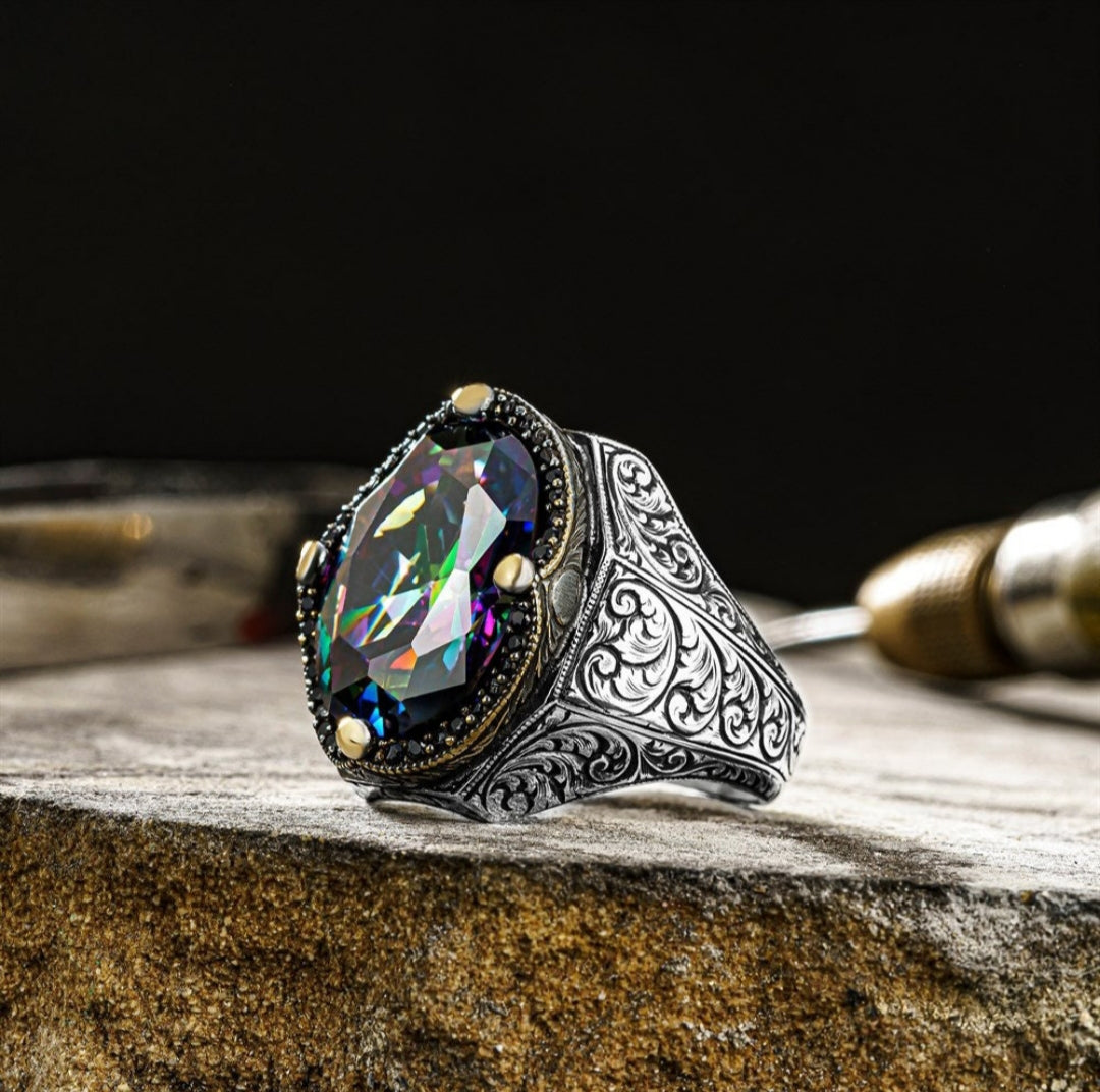 Gental Gems by Karat Kings | Unique Designed Turkish Style Heavy Ring with Multicolored Alexandrite | Sterling Silver Oxidized Ring | Men's Jewelry | With Certificate of Authenticity and Hallmark