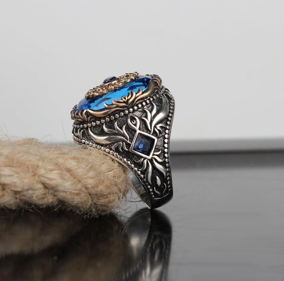 Gental Gems by Karat Kings | Unique Designed Turkish Style Ring with Blue Zircon | Sterling Silver Oxidized Ring | Men's Jewelry | With Certificate of Authenticity and Hallmark
