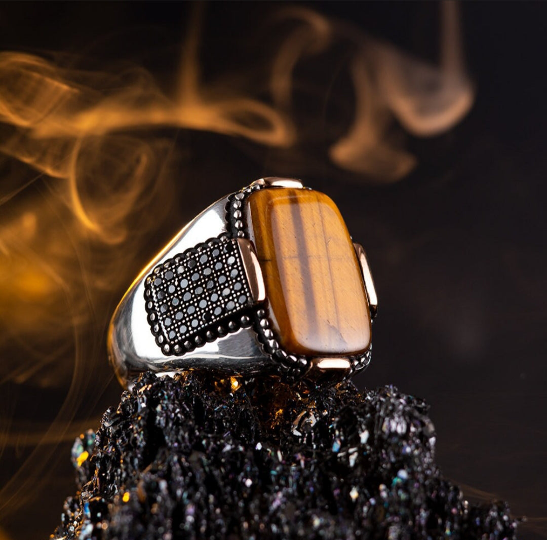 Gental Gems by Karat Kings | Unique Designed Turkish Style Ring with Natural Tiger Eye | Sterling Silver Oxidized Ring