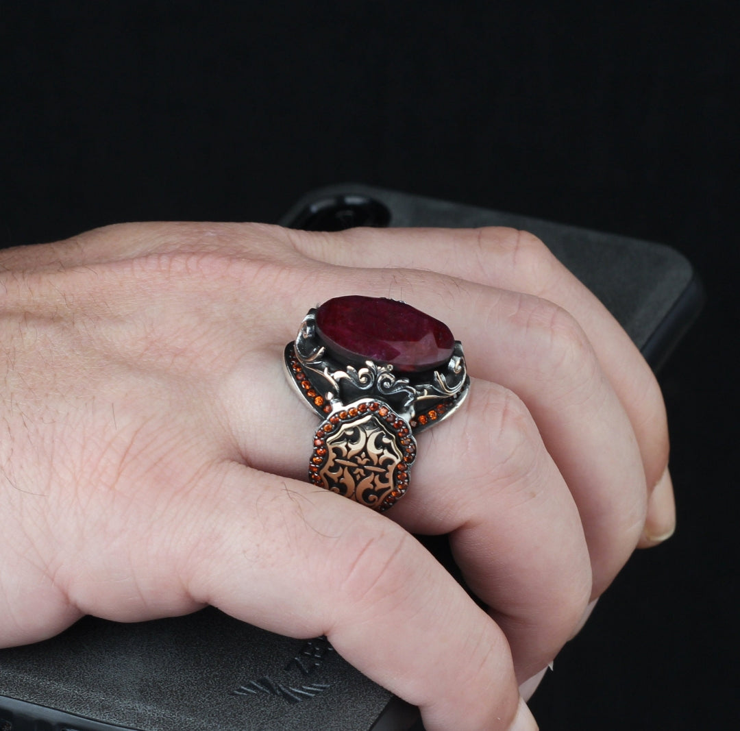 Gental Gems by Karat Kings | Unique Designed Turkish Style Heavy Ring with Natural Red Ruby | 22kt Gold Micron Plated 925 Sterling Silver Oxidized Ring | Men's Jewelry | With Certificate of Authenticity and 925 Hallmark