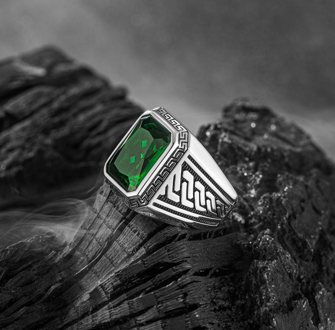 Gental Gems by Karat Kings | Unique Designed Turkish Style Ring with Green Zircon , Sterling Silver Oxidized Ring