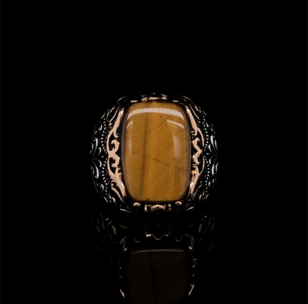 Gental Gems by Karat Kings | Unique Designed Turkish Style Ring with Natural Tiger Eye | Sterling Silver Oxidized Ring