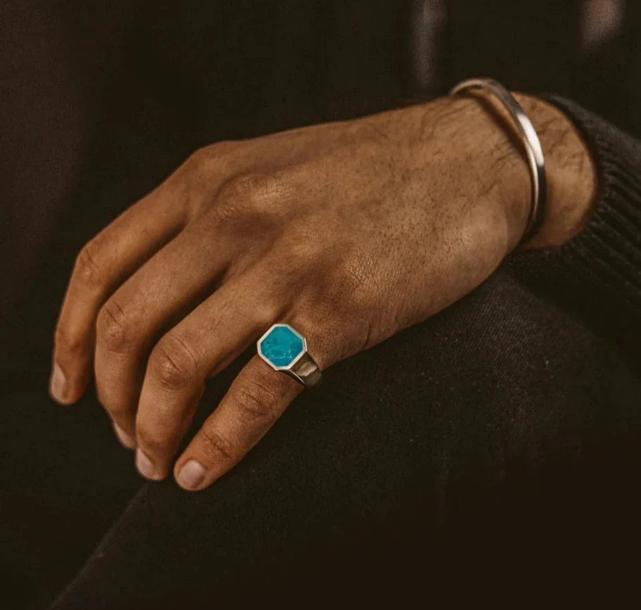 Gental Gems by Karat Kings | Classic Signet Ring with Natural Blue Turquoise | Sterling Silver Ring | Men's Jewelry | With Certificate of Authenticity and Hallmark