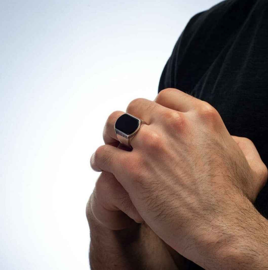 Gental Gems by Karat Kings | Unique Turkish Style Personalized Name Initial Ring with Natural Black Onyx | Sterling Silver Oxidized Ring