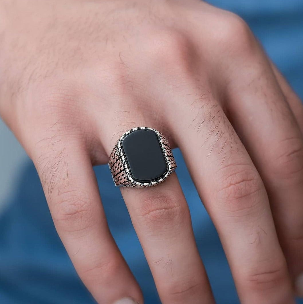 Gental Gems by Karat Kings | Unique Turkish Style Ring with Natural Black Onyx | Sterling Silver Oxidized Ring