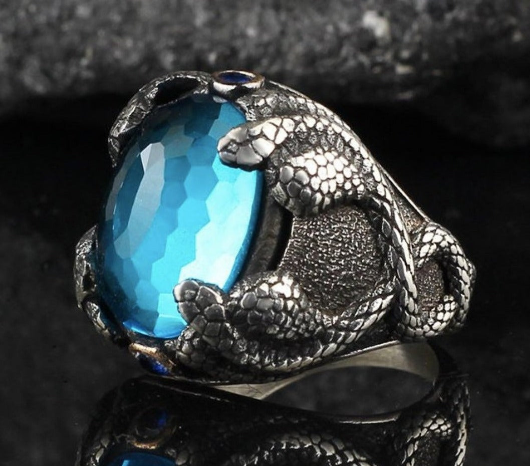 Gental Gems by Karat Kings | Unique Designed Snake Ring with S Blue Topaz| Sterling Silver Oxidized Ring | Men's Jewelry | With Certificate of Authenticity and Hallmark