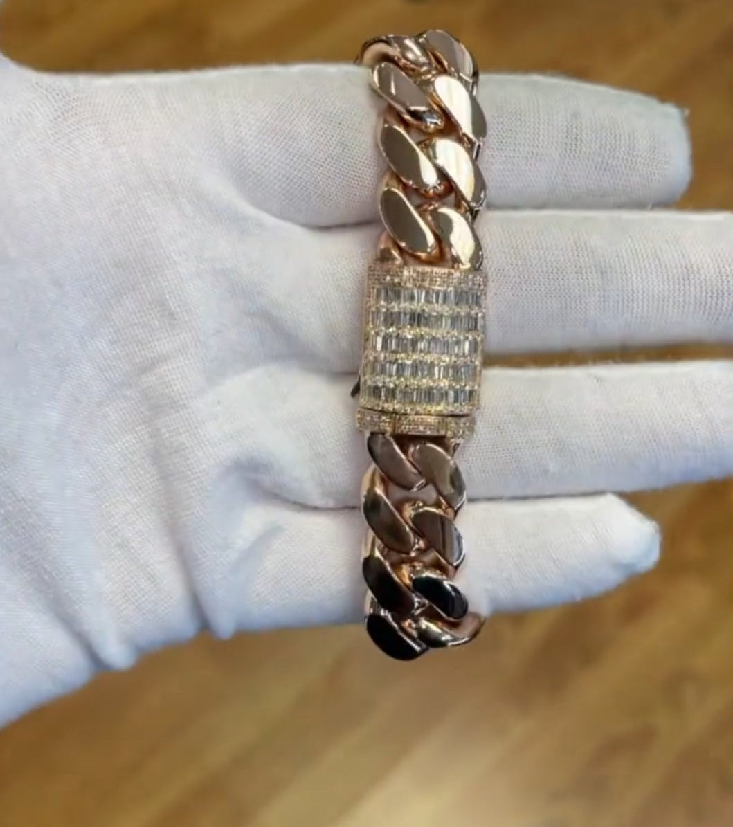Gental Gems by Karat Kings | 16mm wide Solid Miami Cuban Link Bracelet With Iced Lock in Baguettes | Rosegold Plated Sterling Silver Bracelet