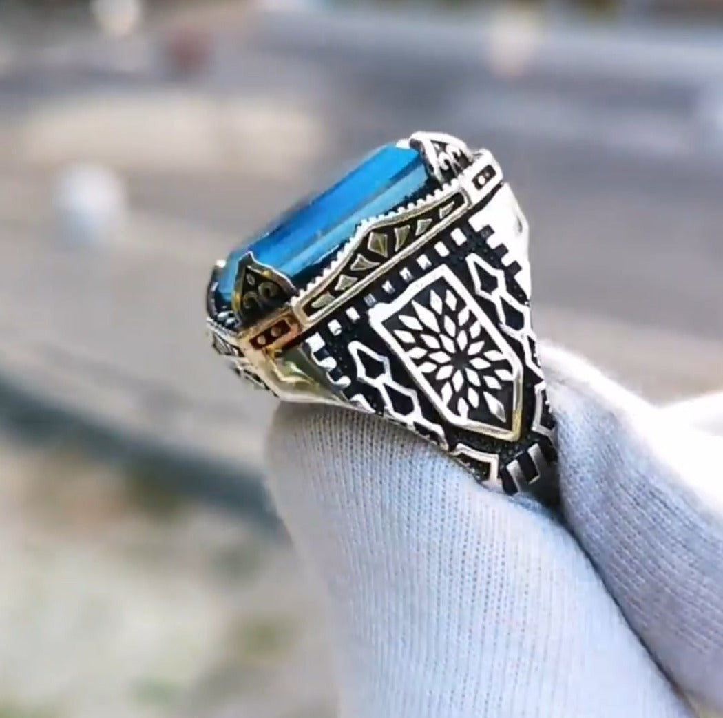 Gental Gems by Karat Kings | Unique Designed Turkish Style Ring with Natural Blue Topaz | Sterling Silver Oxidized Ring