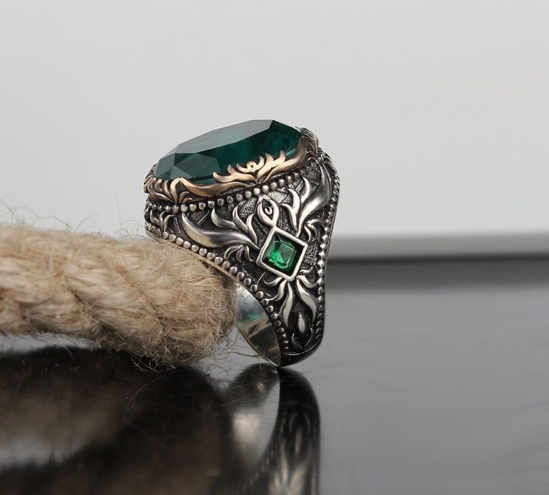 Unique Designed Turkish Style Ring with 8.5ct Natural Emerald | Sterling Silver Oxidized Ring Authenticity and