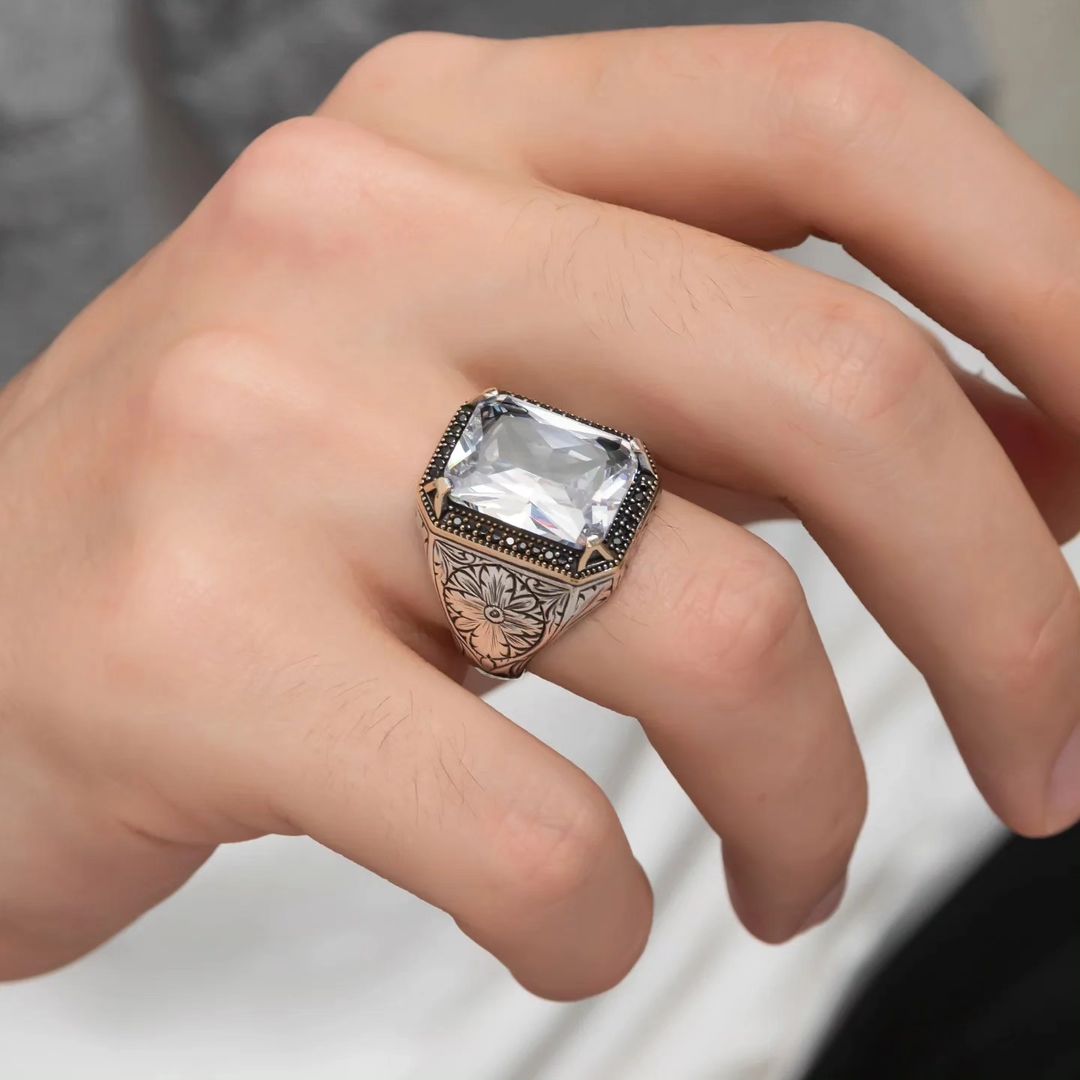 Gental Gems by Karat Kings | Unique Designed Turkish Style Ring with White Zirconia | Sterling Silver Oxidized Ring