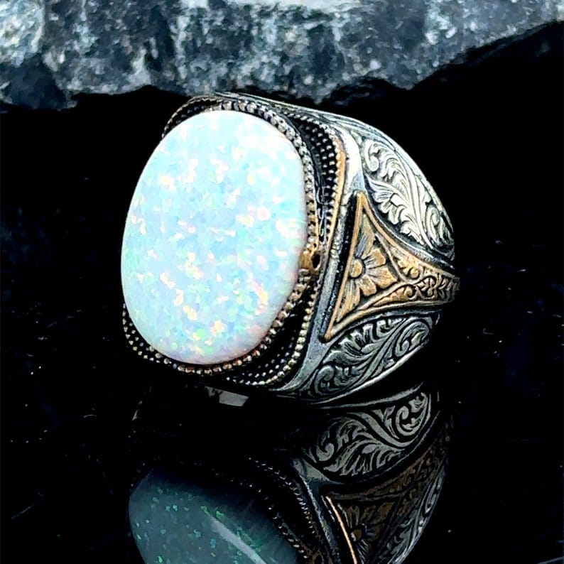 Unique Designed Turkish Style Ring with14ct Fire Australian Opal | Sterling Silver Oxidized Ring | With Certificate of Authenticity and Hallmark