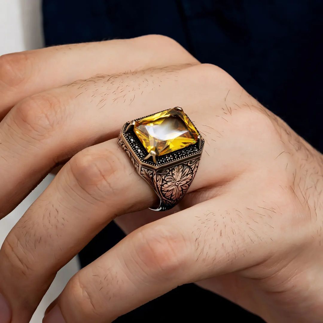 Rectangular Designed Turkish Style Ring with 13 ct Natural Yellow Citrine , Sterling Silver Oxidized Ring | With Certificate of Authenticity and Hallmark