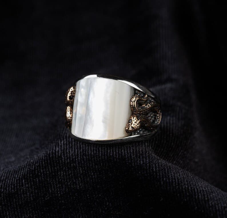 Unique Designed Turkish Style Curved Ring with Mother Of Pearl | Sterling Silver Ring |With Certificate of Authenticity and Hallmark
