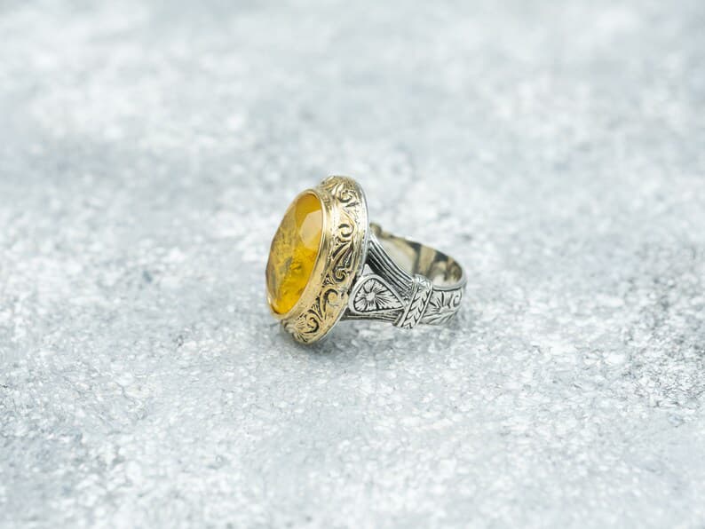 Unique Turkish Style Ring with Yellow Sapphire | Sterling Silver Oxidized Ring | With Certificate of Authenticity and Hallmark