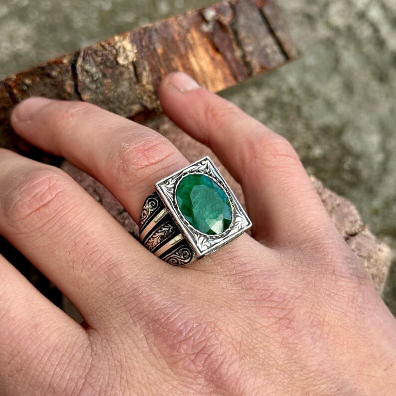 Gental Gems by Karat Kings | Unique Designed Turkish Style Ring with Emerald | Sterling Silver Oxidized Ring | Men's Jewelry | With Certificate of Authenticity and Hallmark
