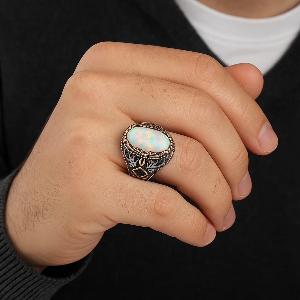 Unique Designed Turkish Style Ring with 13ct Fire Australian Opal | Sterling Silver Oxidized Ring | With Certificate of Authenticity and Hallmark