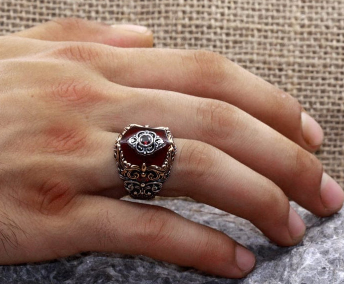 Unique Turkish Style Ring with 8.5 Ct Natural Hessonite (Gomed)| Sterling Silver Oxidized Ring | Men's Jewelry | With Certificate of Authenticity and Hallmark