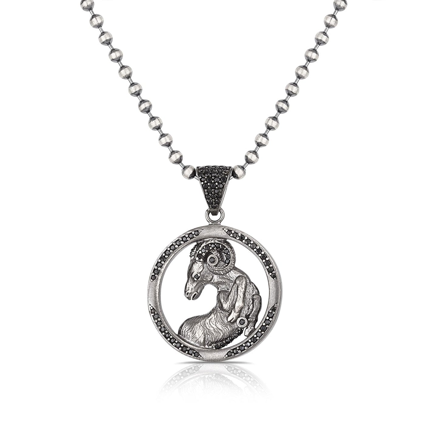 Gental Gems by Karat Kings | Unique Aries Zodiac Designed Pendant Studded with Black Zircons | Unisex Sterling Silver Oxidized Pendant