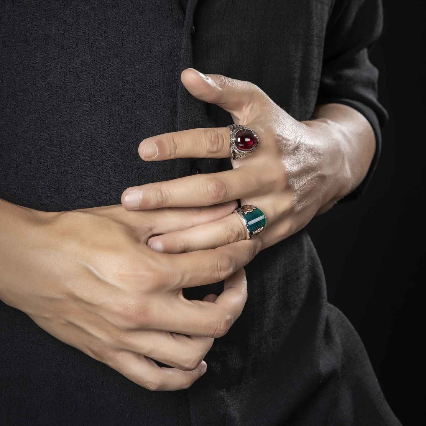 Gental Gems by Karat Kings | Unique Turkish Style Curved Ring with Green Onyx | Sterling Silver Oxidized Ring