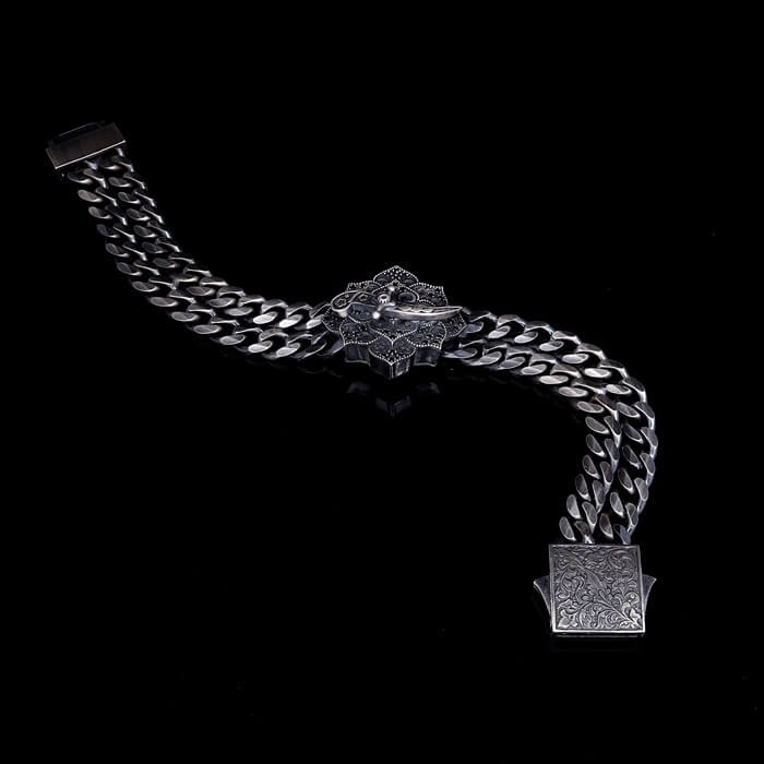 Gental Gems by Karat Kings | Double Sided 20mm Wide Solid Oxidised Cuban Link Bracelet with Artistic Sword | Antique Finish Sterling Silver Bracelet | Men's Jewelry | With Certificate of Authenticity and Hallmark