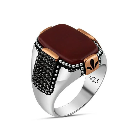 Gental Gems by Karat Kings | Unique Turkish Style Ring with Natural Red Agate | Sterling Silver Oxidized Ring | Men's Jewelry | With Certificate of Authenticity and Hallmark
