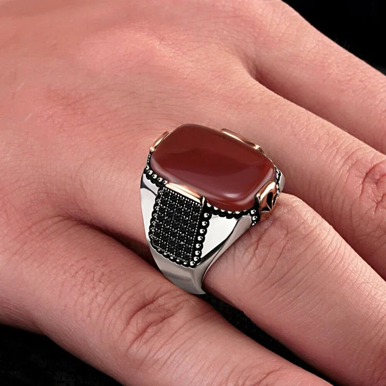 Gental Gems by Karat Kings | Unique Turkish Style Ring with Natural Red Agate | Sterling Silver Oxidized Ring | Men's Jewelry | With Certificate of Authenticity and Hallmark