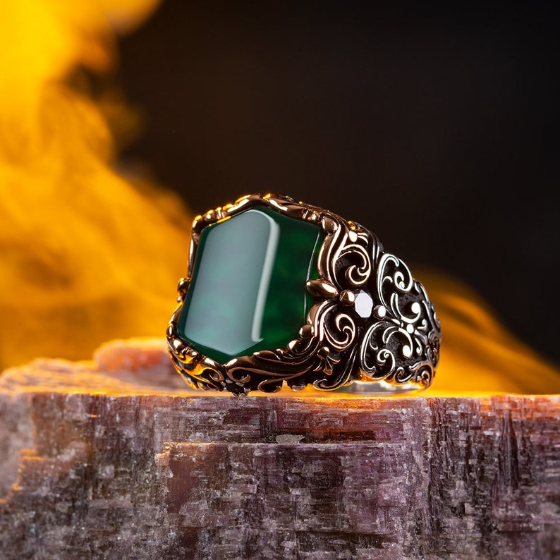 Gental Gems by Karat Kings | Unique Turkish Style Ring with Natural Green Onyx | Sterling Silver Oxidized Ring | Men's Jewelry | With Certificate of Authenticity and Hallmark