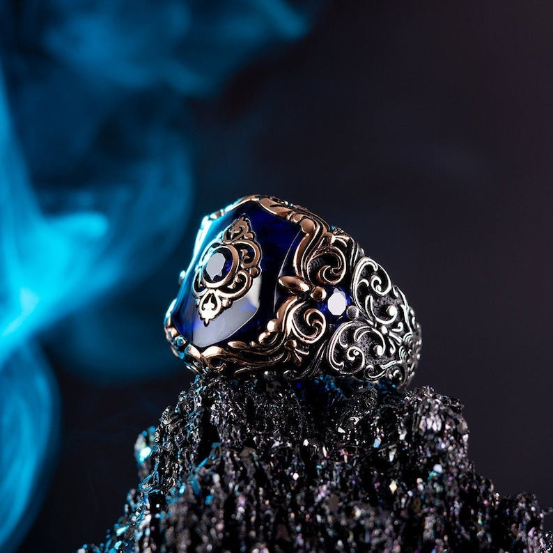 Gental Gems by Karat Kings | Unique Turkish Style Ring with Blue Zircon | Sterling Silver Oxidized Ring