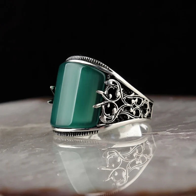 Gental Gems by Karat Kings | Unique Turkish Style Curved Ring with Green Onyx | Sterling Silver Oxidized Ring