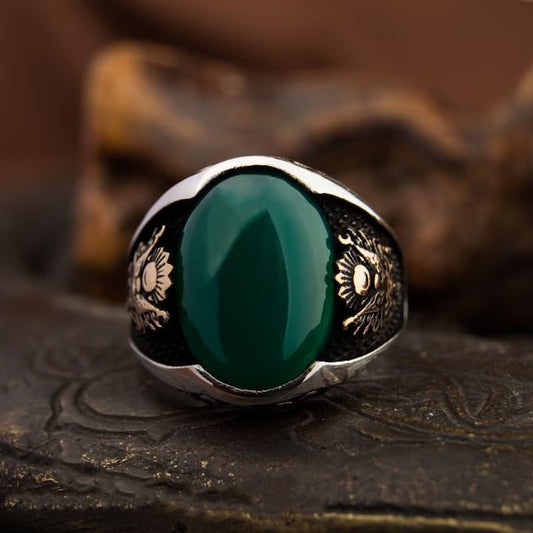 Gental Gems by Karat Kings | Unique Designed Turkish Style Ring with Green Onyx | Sterling Silver Gold Plated Ring | Men's Jewelry | With Certificate of Authenticity and Hallmark