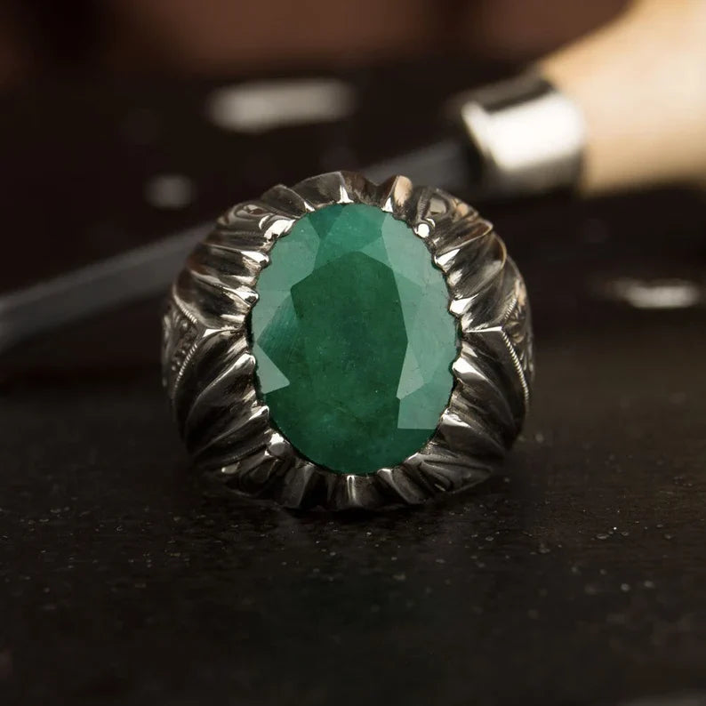 Gental Gems by Karat Kings | Unique Designed Turkish Style Ring with Emerald | Sterling Silver Oxidized Ring | Men's Jewelry | With Certificate of Authenticity and Hallmark